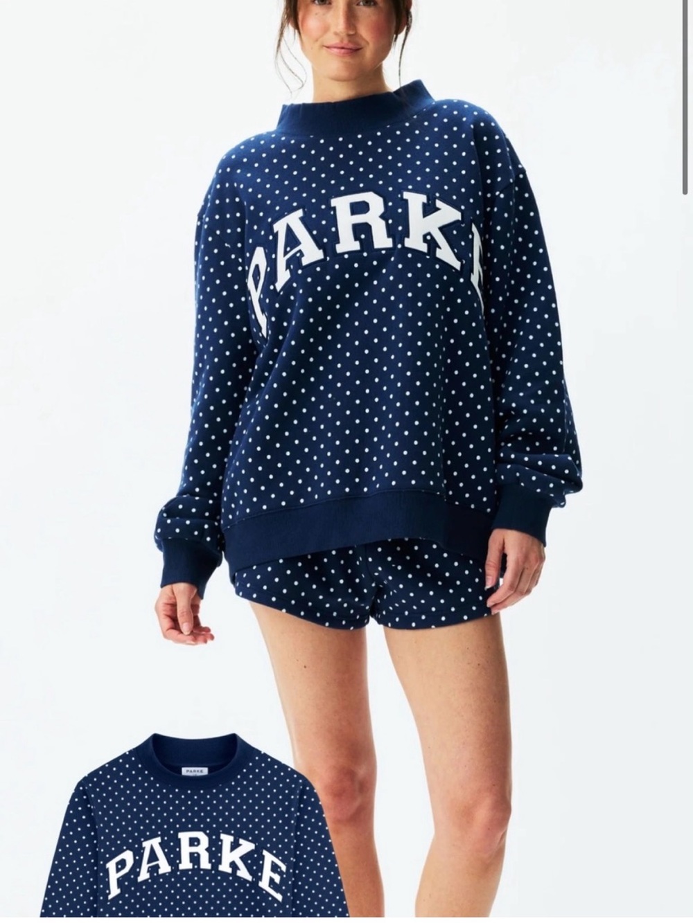 Sold out Parke navy blue and white polka dot sweatshirt